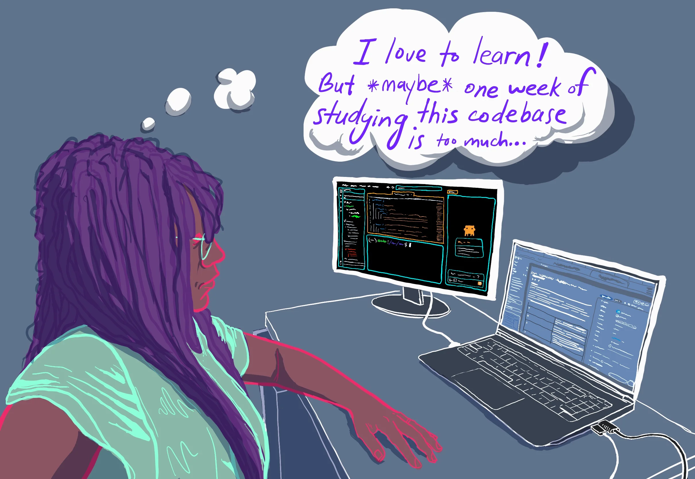 Comic of Thalyann with long purple locs and glasses sitting at a desk, looking at a monitor showing a code editor and a laptop showing documentation.